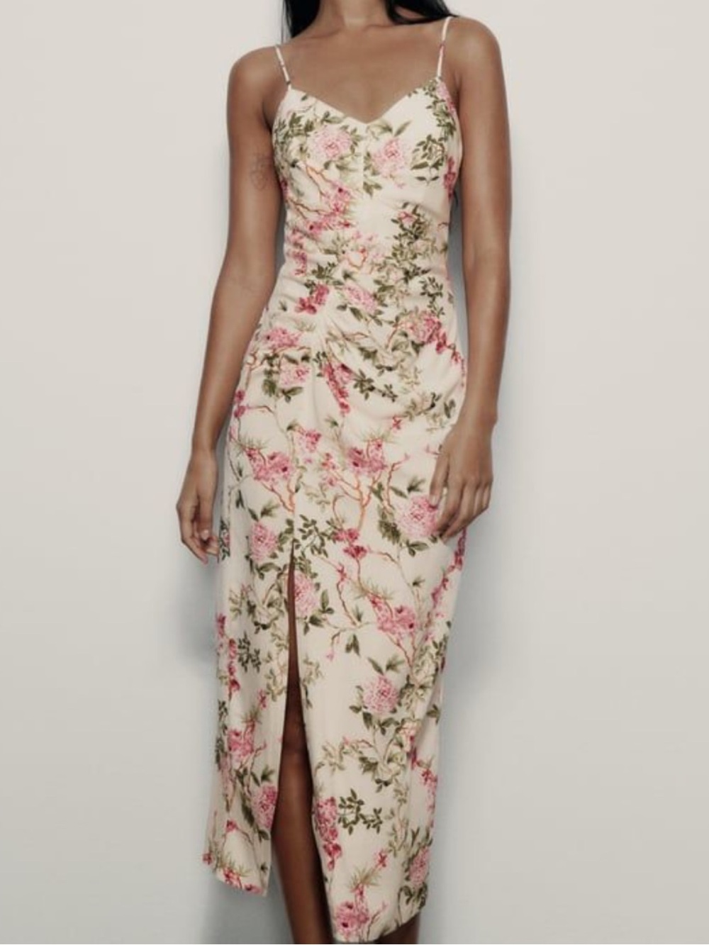 Zara Pink Floral Slip Midi Dress with Front Slit